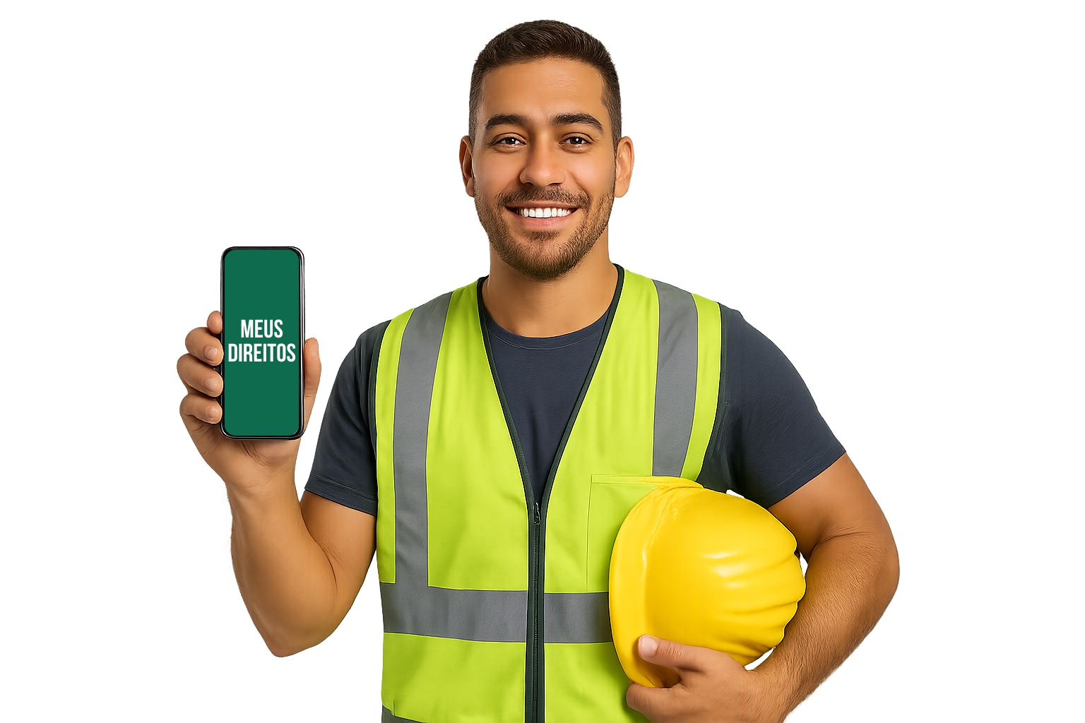 Trabalhador segurando celular com logo Meus Direitos